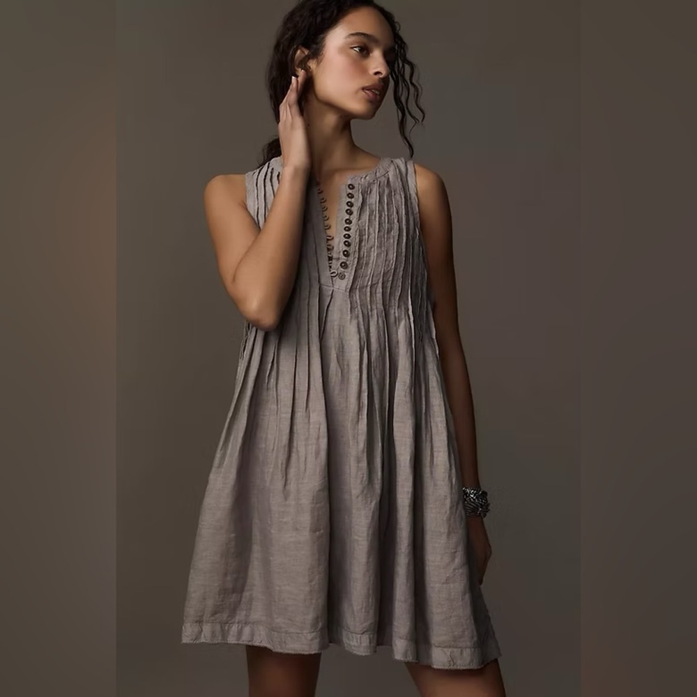 Sleeveless Taupe Mini Dress with Pintuck Detail